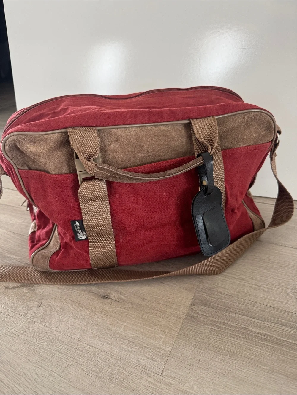 Vintage Athalon Denver USA Red Canvas Bag Tan Leather Suede Trim Duffle Travel